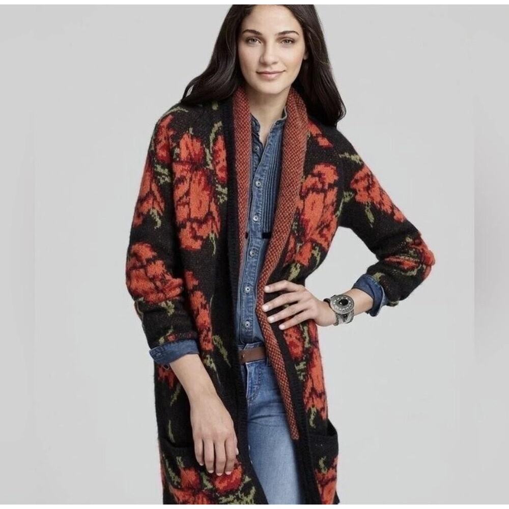 Free People Sweater Womens Small Black Floral Long Cardigan Alpaca Blend Boho
